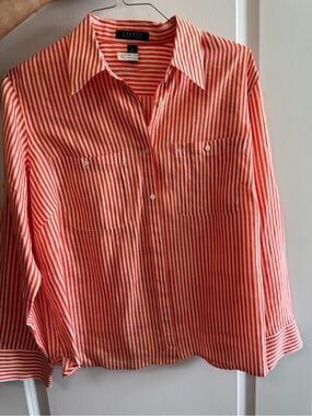 Lauren Ralph Lauren orange and White Striped Button-Down linen Shirt